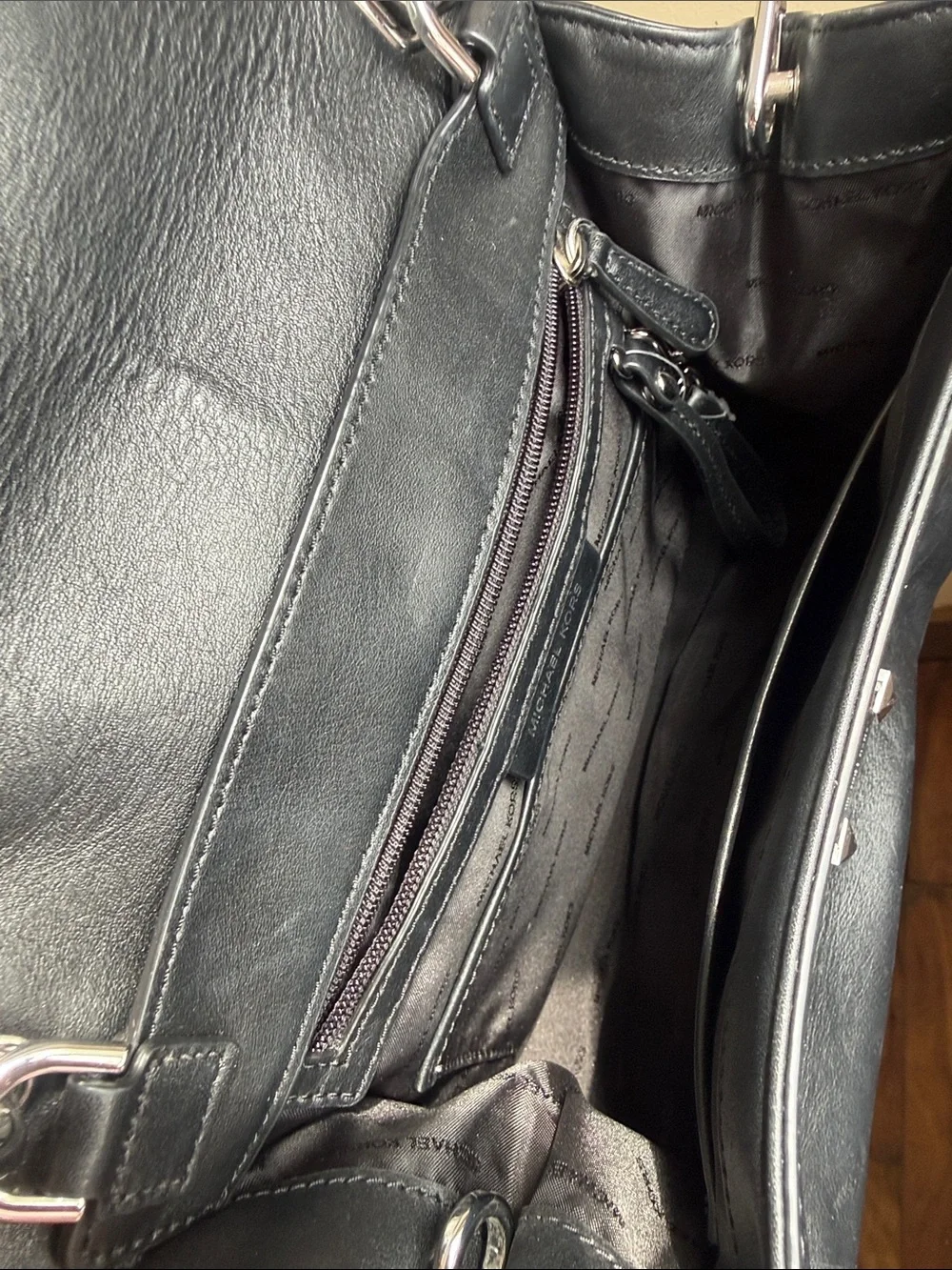 Michael Kors Black Leather Satchel with Silver-Tone Lock